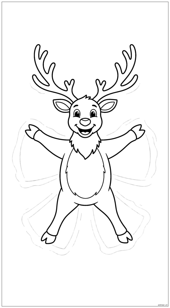 Rudolph het rendier speelt in de sneeuw en maakt sneeuwengelen met zijn gewei