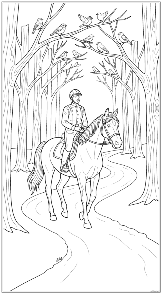 Ruiter en paard lopen door een bospad met vogels in de bomen