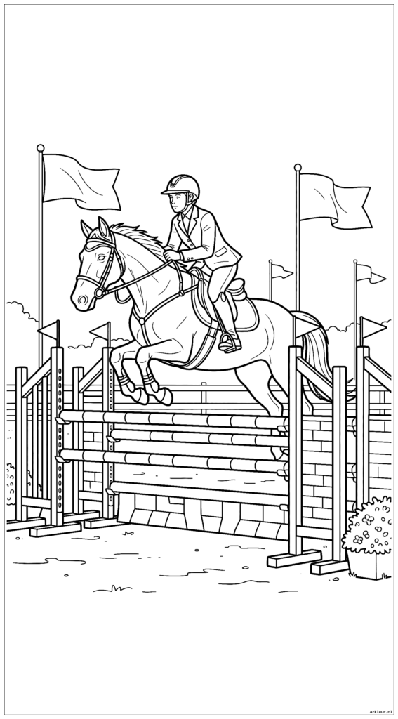 Ruiter en paard navigeren door een complexe combinatiesprong terwijl arenavlaggen wapperen