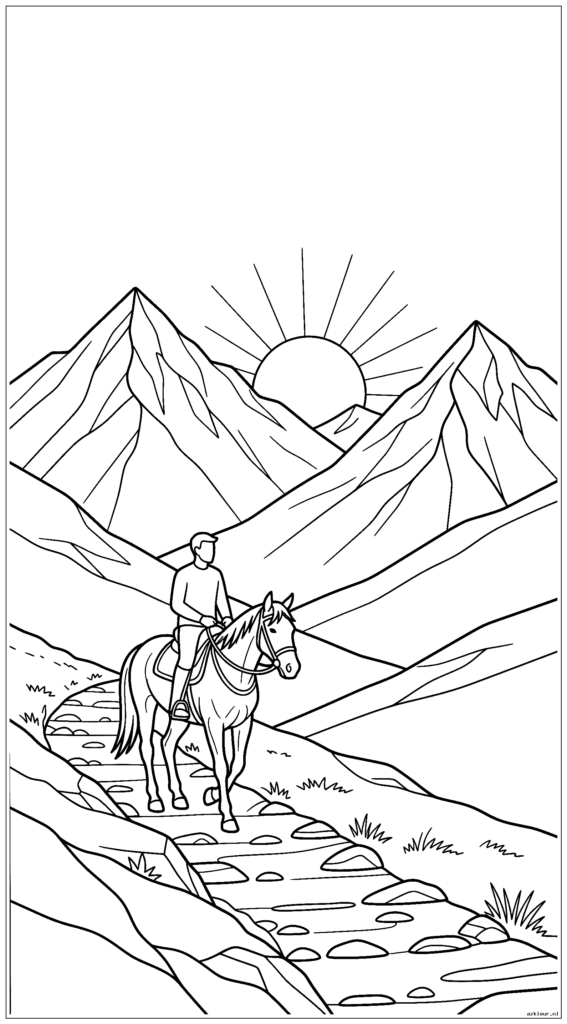 Ruiter leidt paard door een bergpad met ondergaande zon tussen de toppen