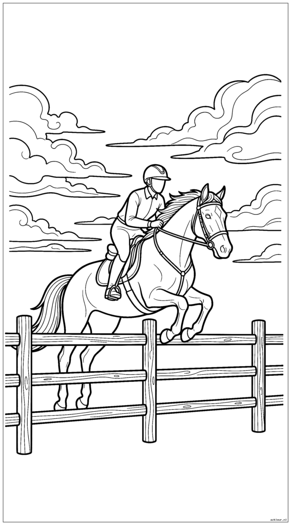 Ruiter springt over een hek met dramatische zonsondergangwolken erachter