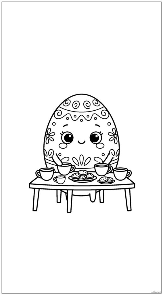 Schattig paaseikarakter met een theekransje met kleine kopjes en koekjes