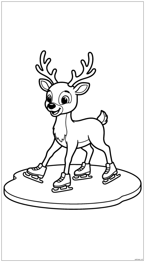 Schattig rendier dat leert schaatsen op een bevroren vijver