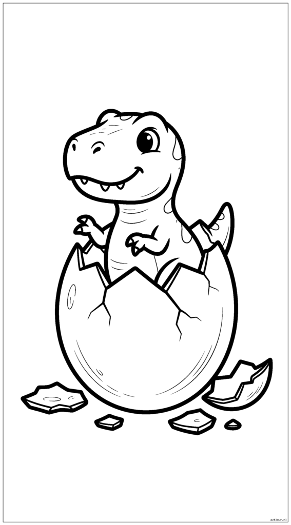 Schattige baby T-Rex die uit een ei komt met stukjes schaal eromheen