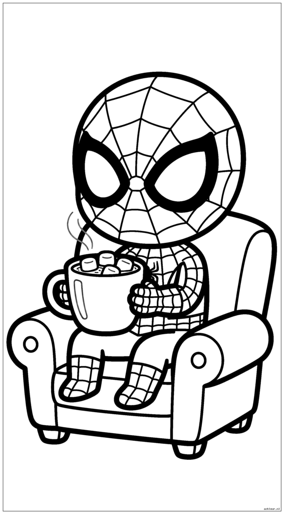Schattige chibi Spiderman die warme chocolademelk drinkt met marshmallows terwijl hij in een gezellige fauteuil zit