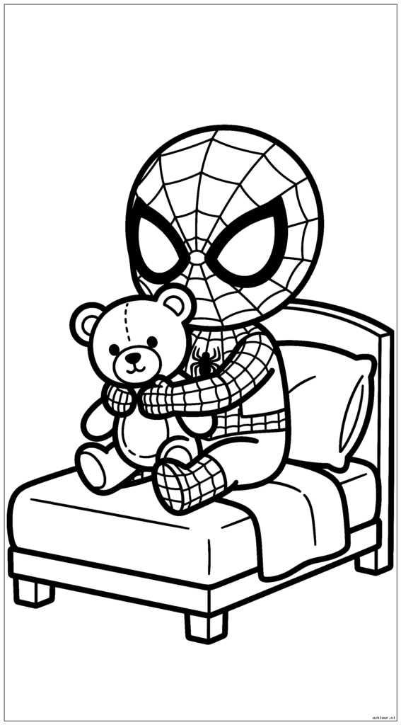 Schattige chibi Spiderman knuffelt zijn teddybeer terwijl hij op zijn bed zit