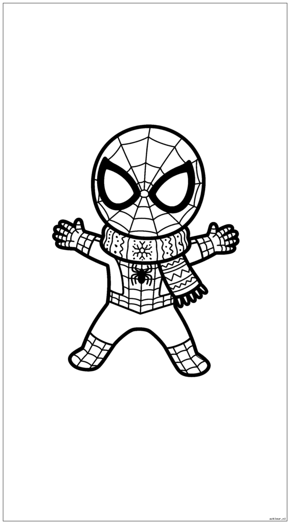 Schattige chibi Spiderman maakt sneeuwengeltjes terwijl hij een feestelijke sjaal draagt