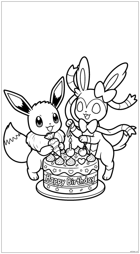 Schattige Eevee en Sylveon versieren samen een verjaardagstaart