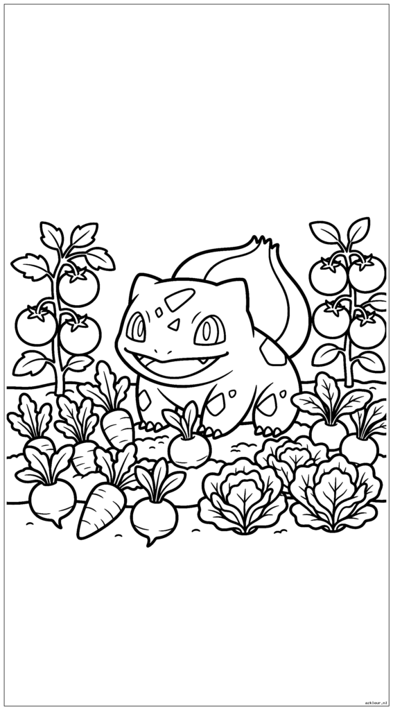 Schattige gras-Pokémon Bulbasaur die een moestuin verzorgt