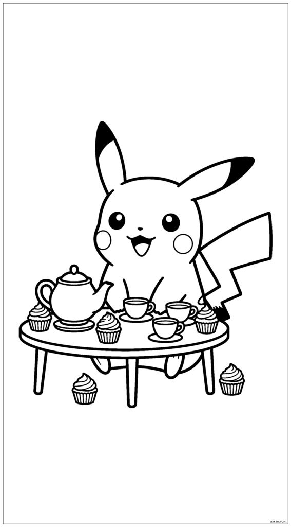 Schattige Pikachu heeft een theekransje met kleine cupcakes en een theepot