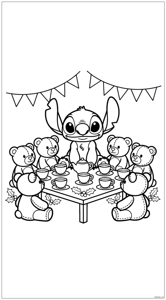 Schattige Stitch houdt een theekransje met simpele teddyberen en kopjes
