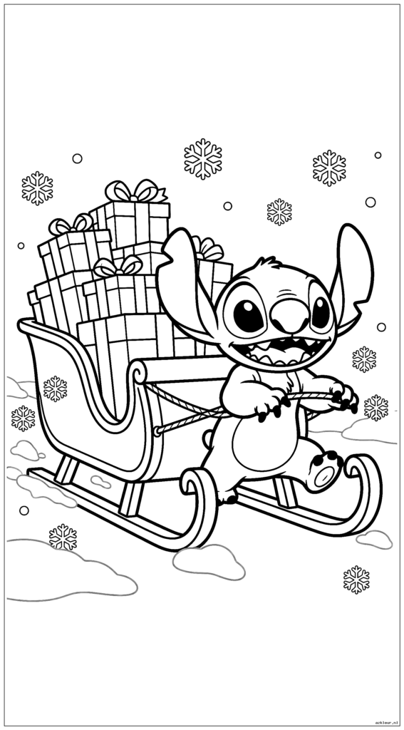 Schattige Stitch trekt een slee vol ingepakte kerstcadeautjes door het besneeuwde landschap