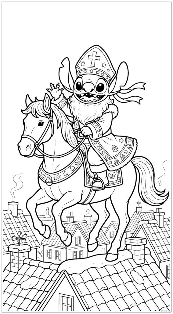 Schattige Stitch verkleed als Sinterklaas op een paard op de daken