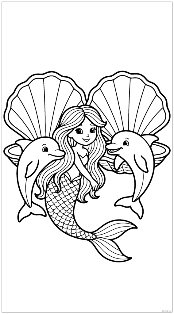 Schattige zeemeermin en dolfijn die verstoppertje spelen achter gigantische schelpen