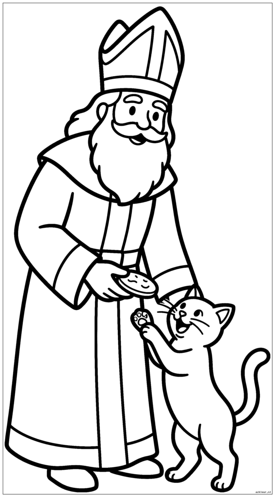 Sinterklaas geeft koekjes aan een speelse kat