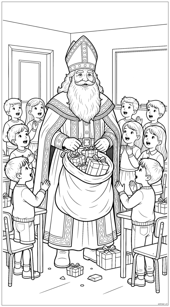 Sinterklaas in een klaslokaal verrast kinderen met cadeautjes terwijl ze Sinterklaasliedjes zingen