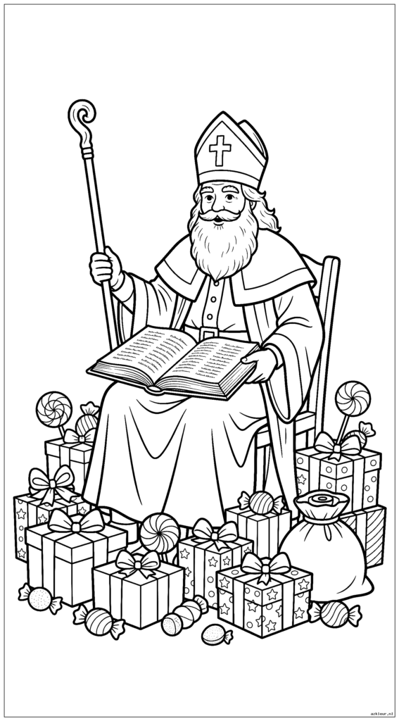 Sinterklaas leest voor uit zijn grote boek terwijl hij zijn staf vasthoudt