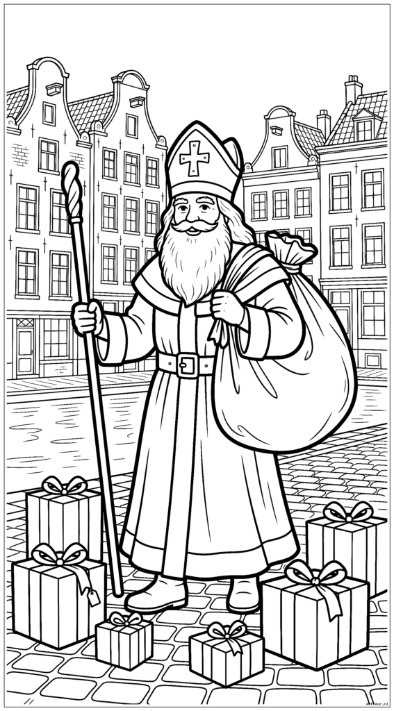 Sinterklaas loopt over een dorpsplein met zijn cadeautasje en staf