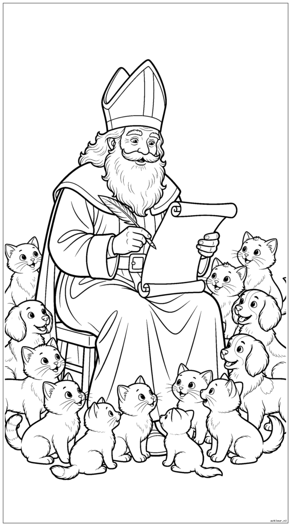 Sinterklaas omringd door schattige katten en honden terwijl hij zijn huidige lijst bekijkt