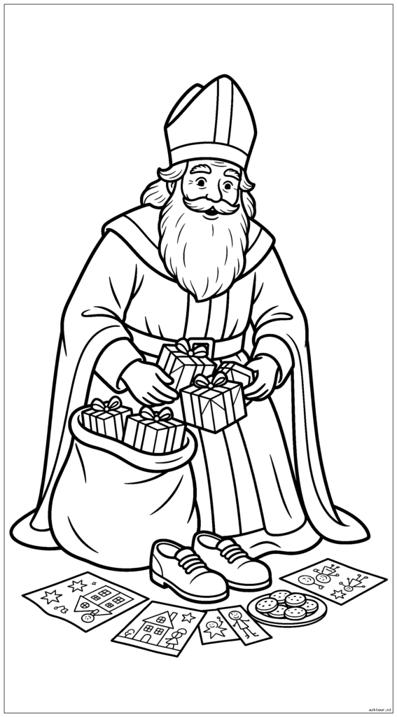 Sinterklaas ontdekt kindertekeningen en koekjes naast hun schoenen