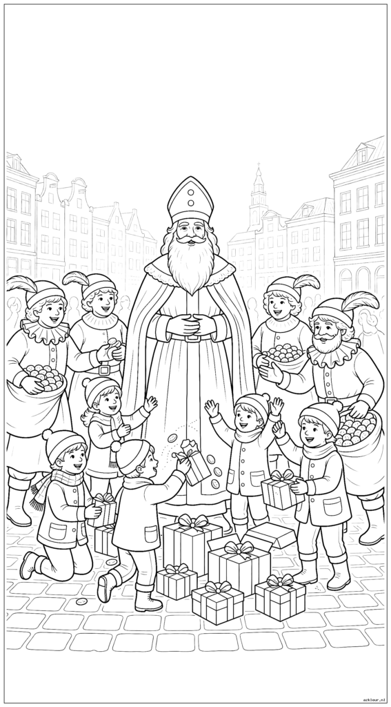 Sinterklaas op een dorpsplein met kinderen die cadeautjes openen terwijl Pieten pepernoten uitdeelt