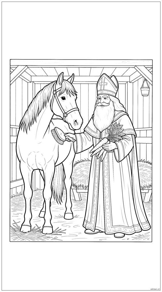 Sinterklaas poetst en voert wortels aan zijn paard Amerigo in de stal