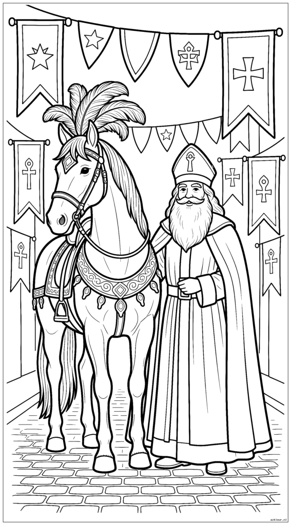 Sinterklaas Staand naast Amerigo het paard in een straat versierd met Sinterklaasvlaggen en spandoeken