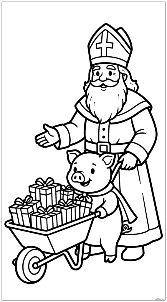 Sinterklaas staat naast een schattig varkentje dat een kruiwagen vol cadeautjes voortduwt