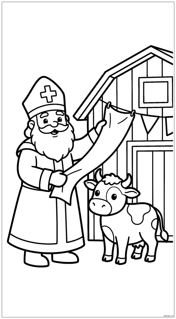 Sinterklaas staat naast een schattige koe die een schuur versiert met vlaggen