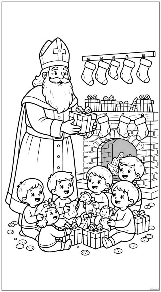 Sinterklaas staat vriendelijk naast een gezellige open haard