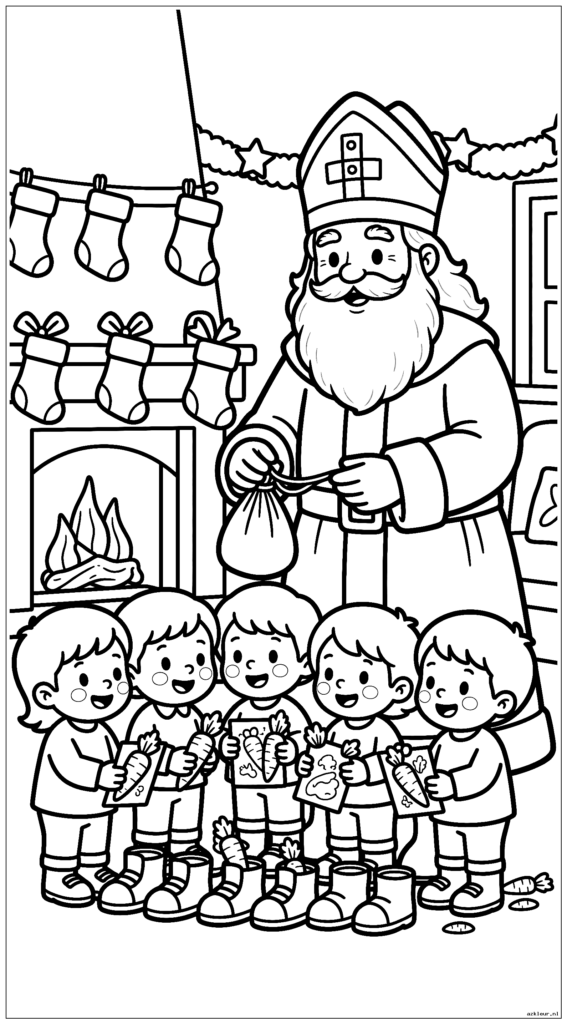 Sinterklaas staat zachtjes bij een gezellige open haard