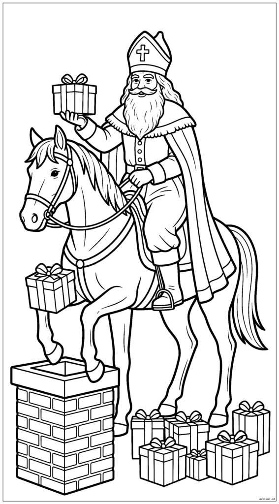 Sinterklaas steunde op Amerigo terwijl hij naar beneden reikte om een cadeautje in een schoorsteen te plaatsen