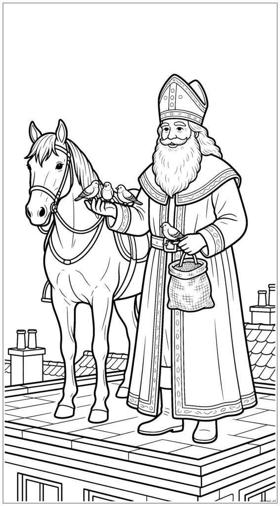 Sinterklaas voedt vogels uit zijn hand terwijl hij op een dak staat met zijn paard in de buurt