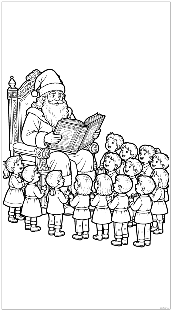 Sinterklaas zit op zijn troon en leest uit zijn grote boek terwijl kinderen in de rij staan om hem te ontmoeten