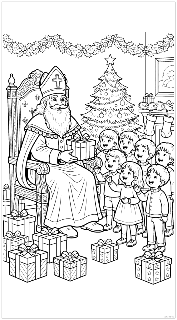 Sinterklaas zittend op zijn troon in een versierde woonkamer