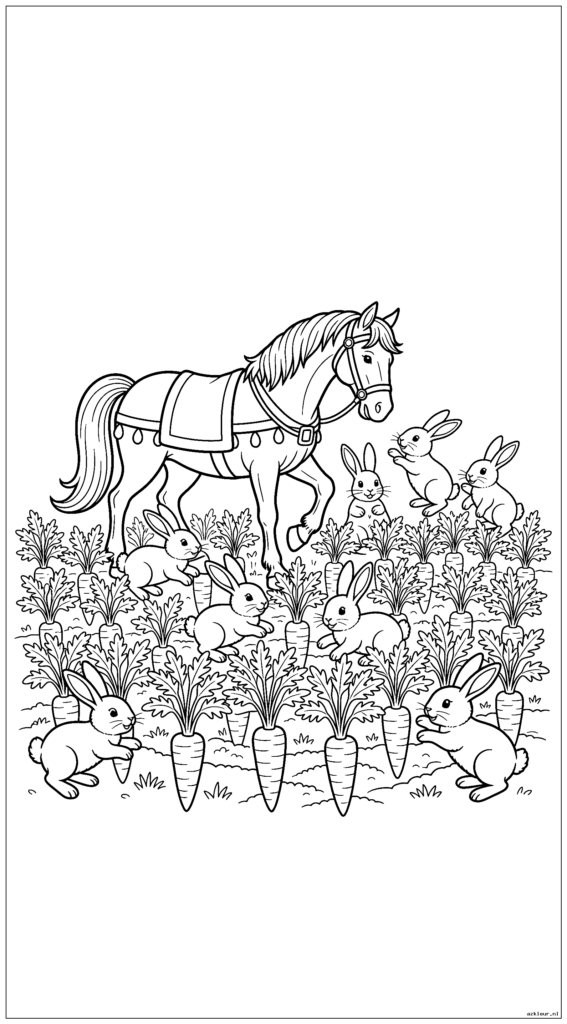 Sinterklaaspaard Amerigo speelt met konijnen in een tuin vol wortelen