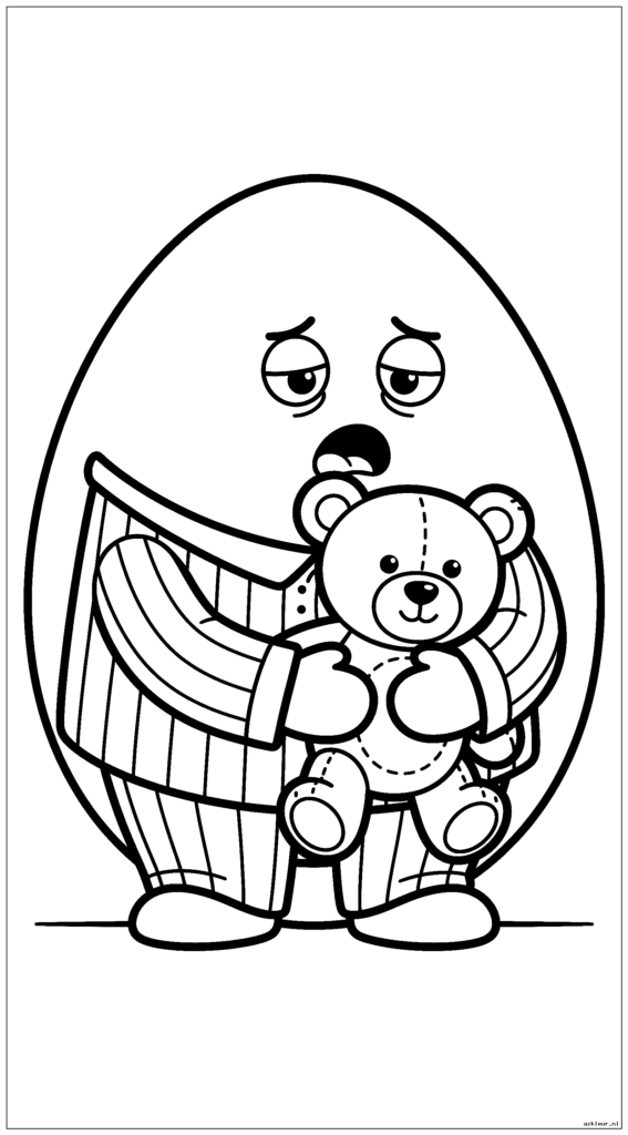 Slaperig paaseikarakter in pyjama dat een teddybeer knuffelt