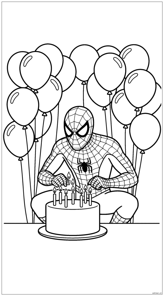 Spiderman blaast kaarsjes uit op zijn verjaardagstaart omringd door ballonnen