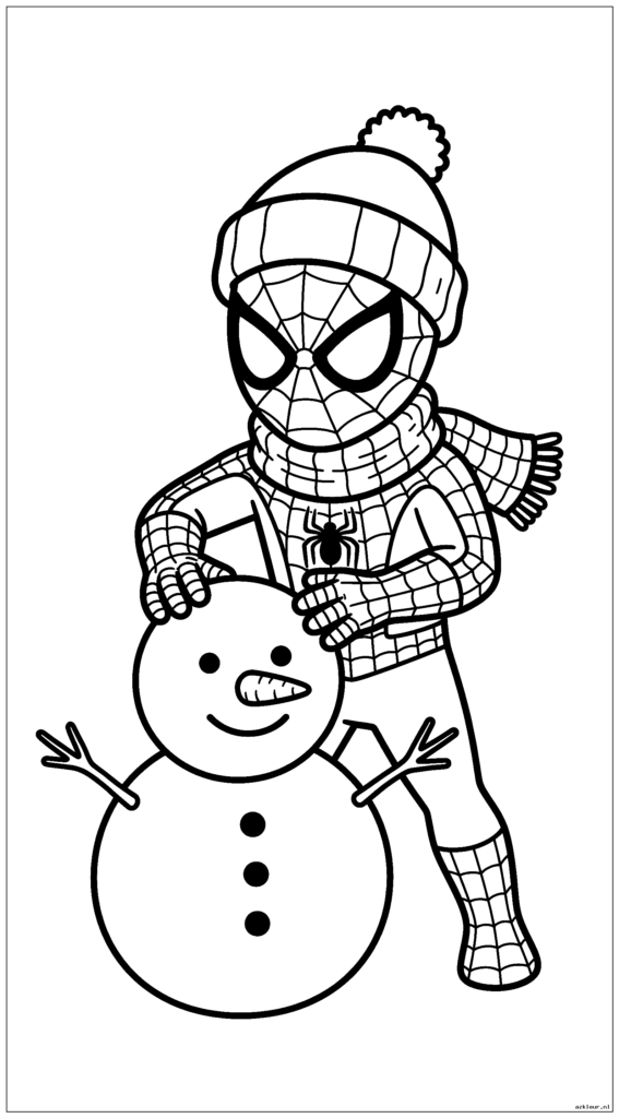 Spiderman bouwt een sneeuwpop terwijl hij een wintersjaal en muts draagt