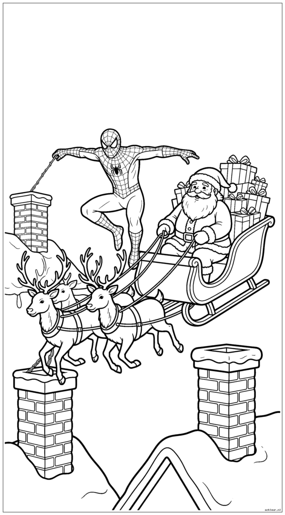 Spiderman helpt de Kerstman cadeautjes te bezorgen door tussen de schoorstenen te slingeren