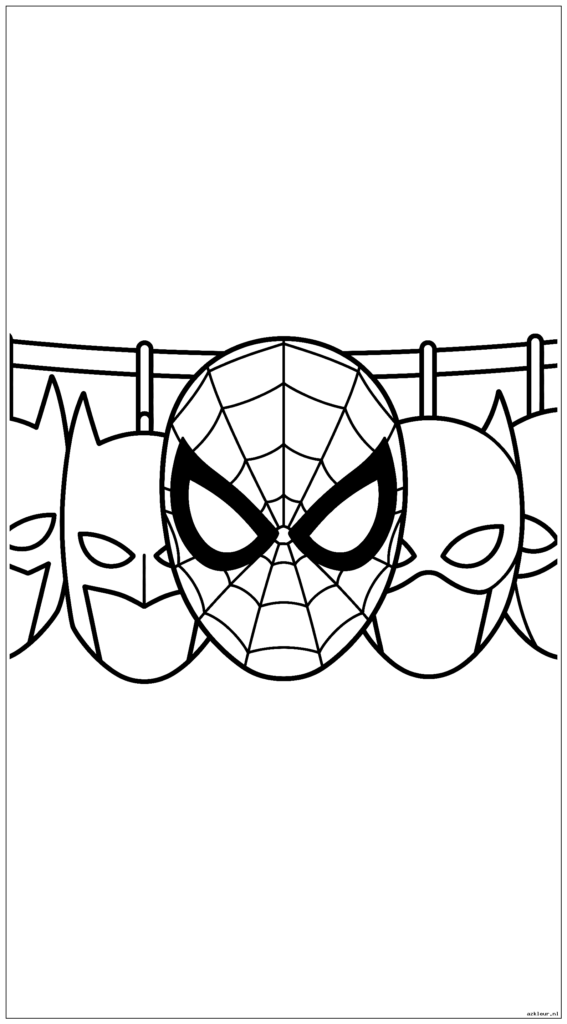 Spiderman-masker hangend aan een kostuumrek met andere superheldenmaskers