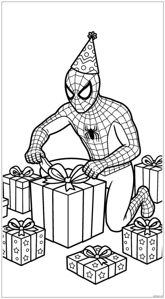 Spiderman opent verjaardagscadeautjes terwijl hij een feesthoed draagt