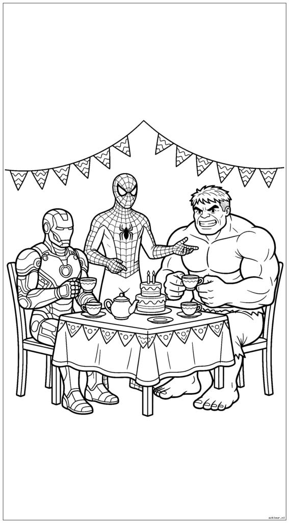 Spiderman organiseert een theekransje met zijn superheldenvrienden (Iron man en Hulk) aan een versierde tafel
