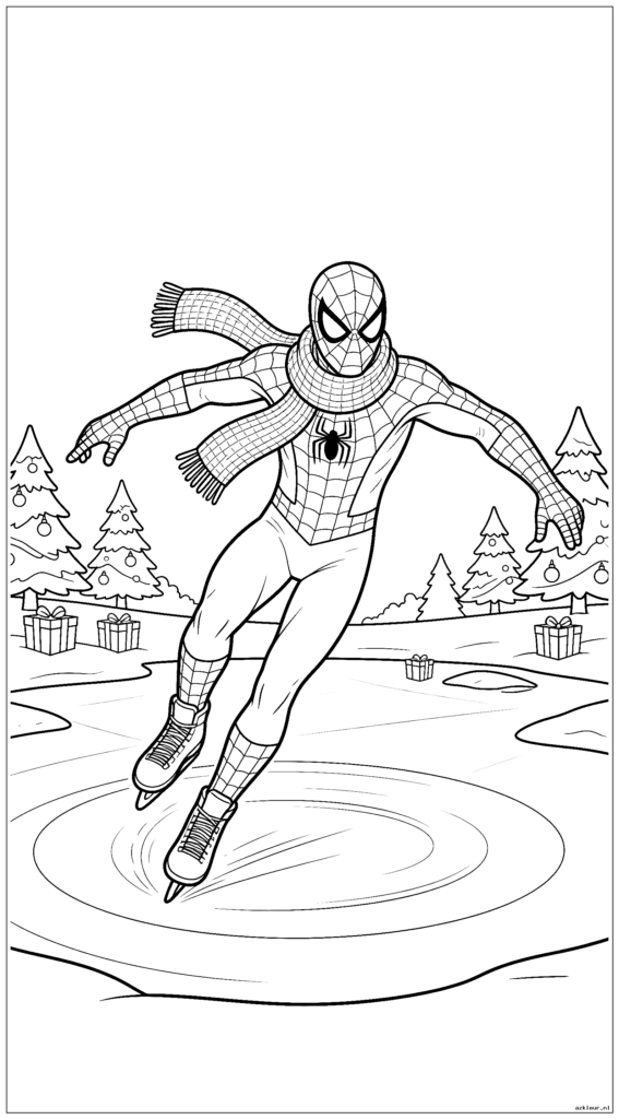 Spiderman schaatst op een bevroren vijver terwijl hij een wintersjaal draagt