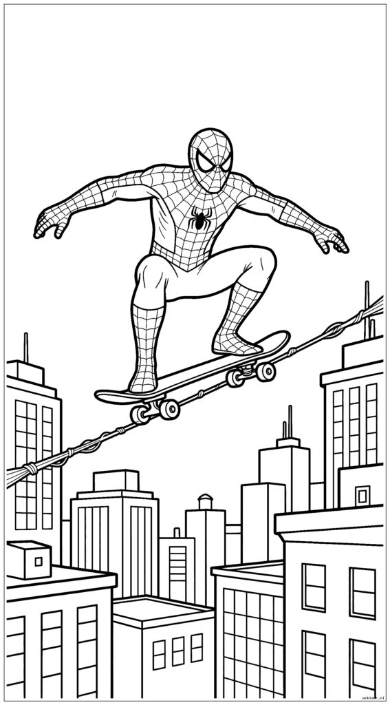 Spiderman skateboardt op zijn web over de daken van de stad
