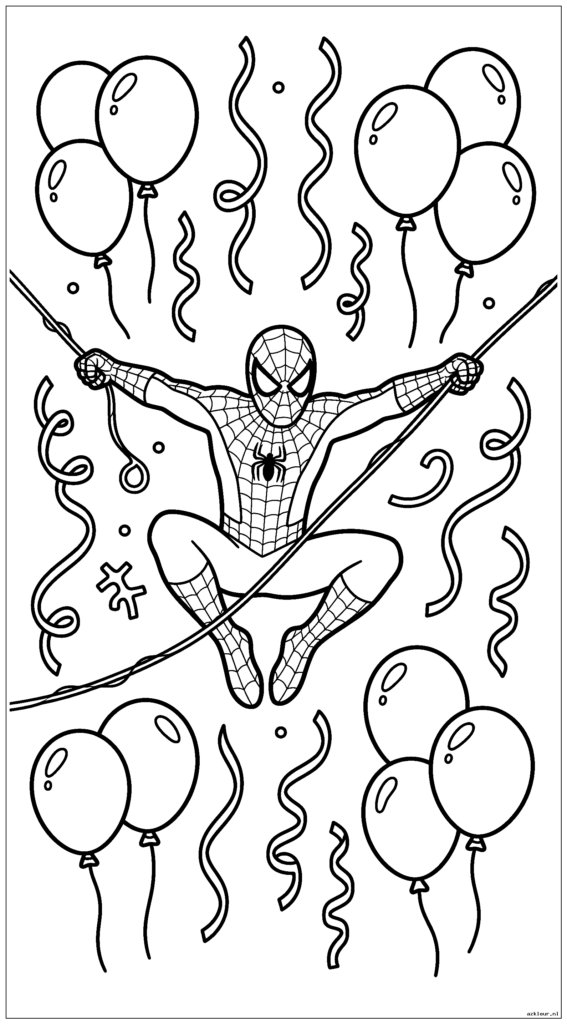 Spiderman slingert door feestslingers en ballonnen