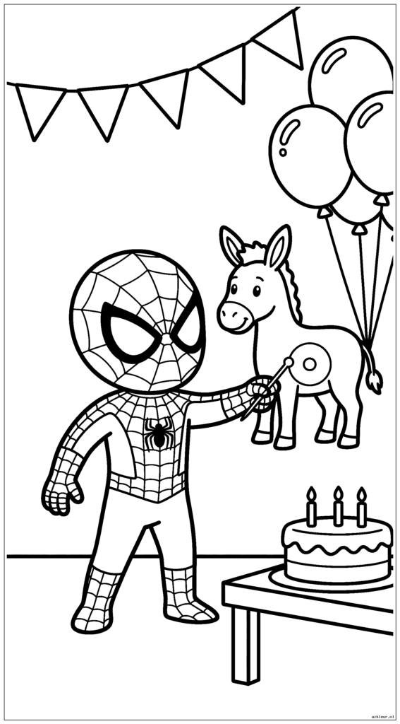 Spiderman speelt pin-de-staart op de ezel op een verjaardagsfeestje