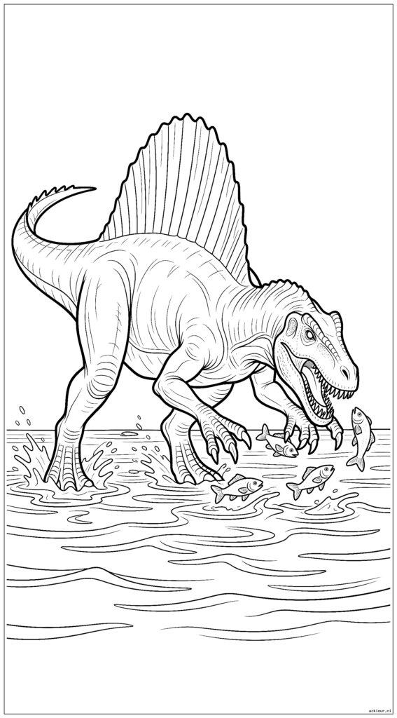 Spinosaurus waadt door het water en vangt vis met zijn klauwen
