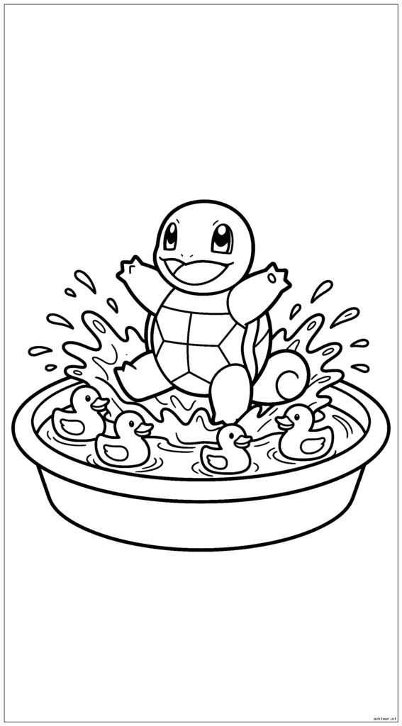 Squirtle spetteren in een kinderbadje met badeendjes