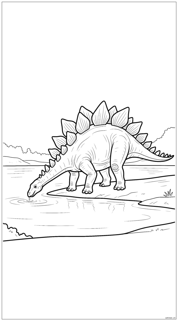 Stegosaurus drinkt water uit een vredig meer met weergegeven borden
